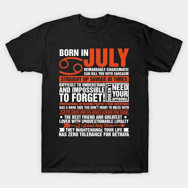 Born In July Cancer Birthday Gift T-Shirt by folidelarts